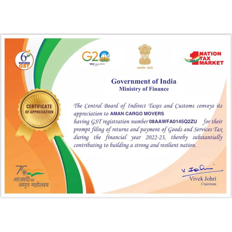 Certificate of Appreciation, GST compliance FY 2022-23 – Government of India, Ministry of Finance (CBIC) · GSTIN 08AAWFA0145Q2ZU
